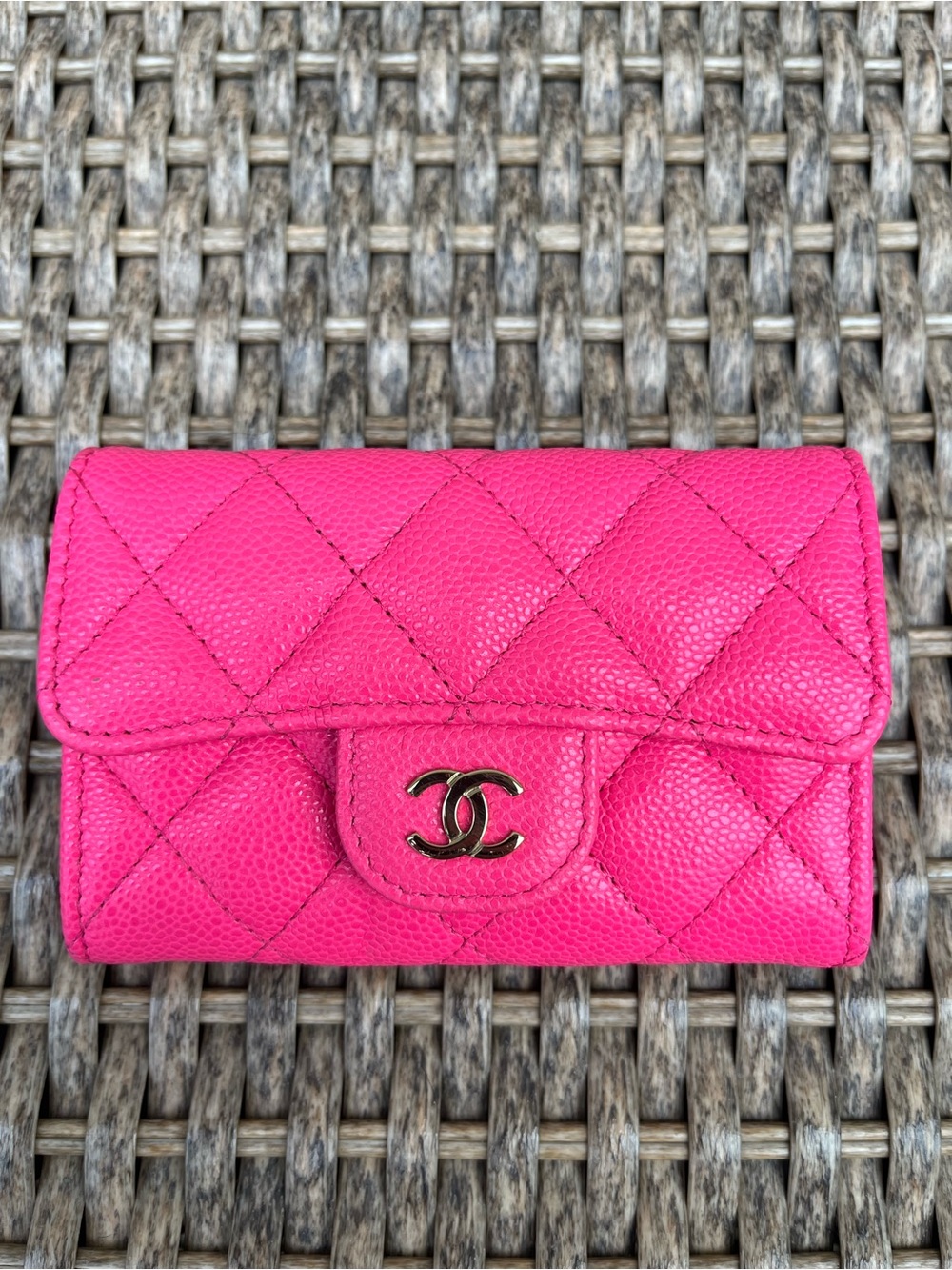 Authentic Chanel Pink Caviar Card Holder/Coin Purse — Gold Hardware